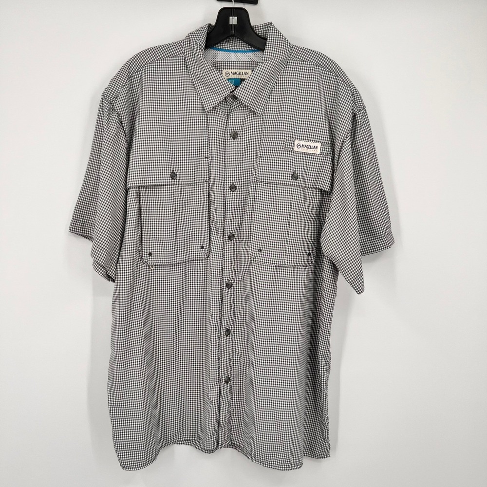 Magellan‎ Outdoors Mens Fishing Shirt Black White Gingham Check Short Sleeve L